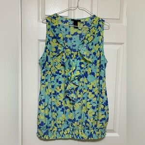 Lane Bryant Ruffled Green and Blue sleeveless Blouse with Peter Pan collar